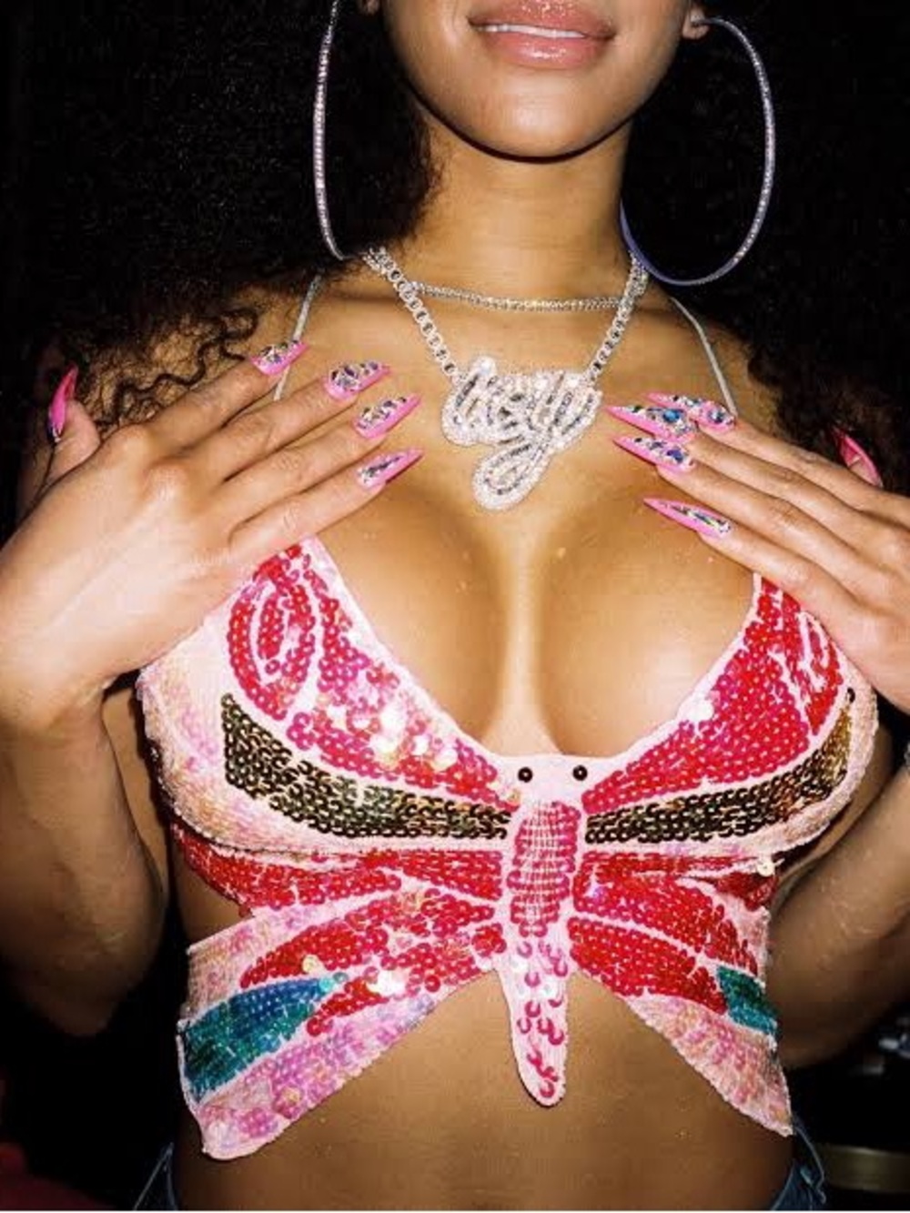 Sequined Butterfly Bralette Top in Pink and Red